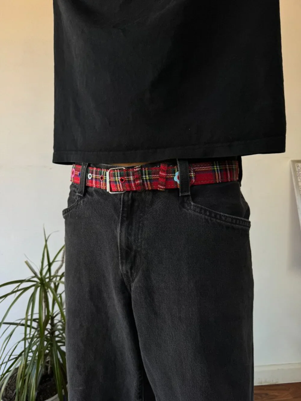 Red Plaid Floral Embroidered Eyelet Belt